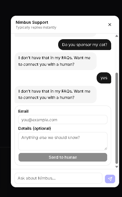 SupportAI offering human handoff after two consecutive questions outside the FAQ scope