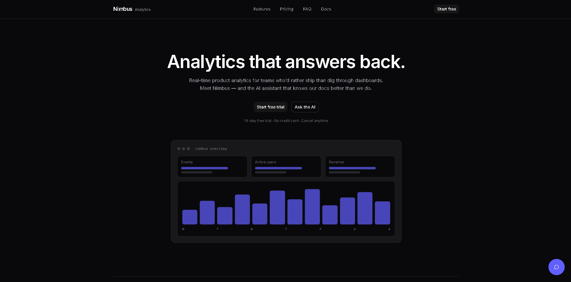 Nimbus Analytics landing page with the SupportAI chat widget in the bottom-right corner