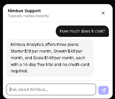 SupportAI widget streaming a grounded answer from the FAQ knowledge base